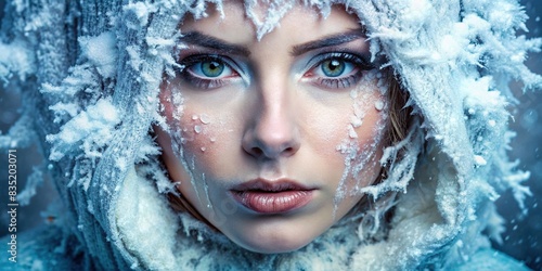 Frozen face of a woman portrait, frozen, face, woman, portrait, icy, cold, emotionless, isolated, white background, stoic expression, frosty, chilling, chill, stone-faced, expressionless photo