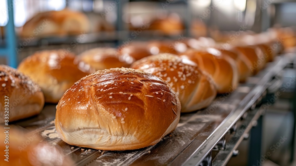 Golden loaves on a conveyor belt, just out of a traditional bread oven, warm and ready, close-up shot Golden loaves on a conveyor belt, just out of a traditional bread oven, warm and ready, close-up shot