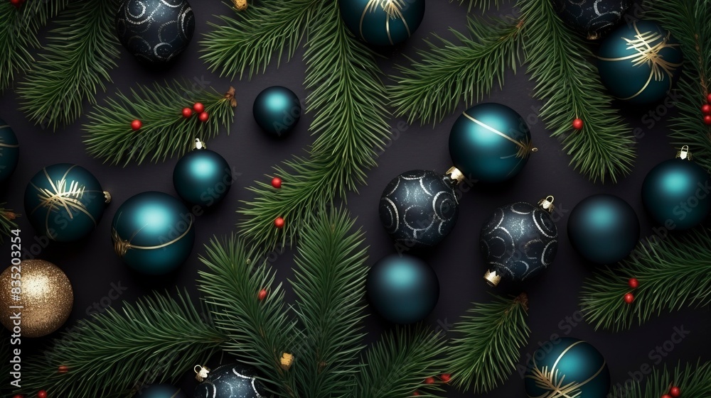 christmas balls and fir branches flat lay top view, generative ai christmas balls and fir branches flat lay top view, generative ai
