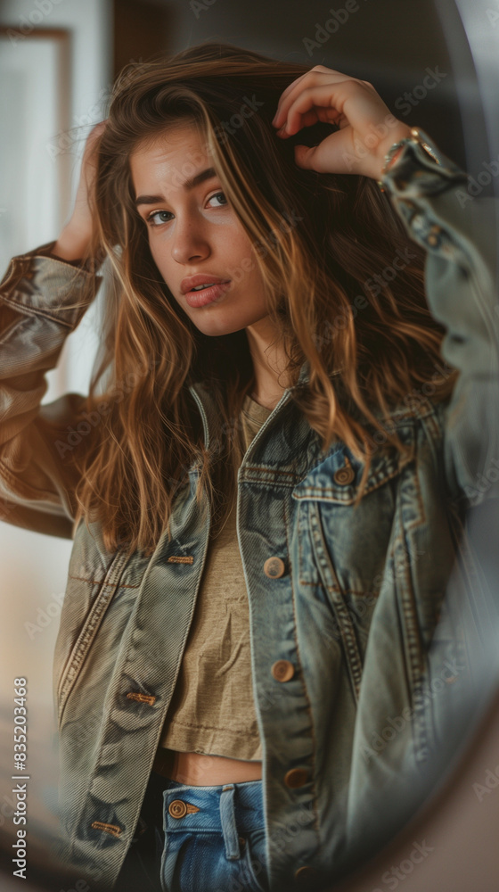 Young woman with tousled hair and a denim jacket checking her reflection in a mirror, captured in a moment of introspection and self-reflection Young woman with tousled hair and a denim jacket checking her reflection in a mirror, captured in a moment of introspection and self-reflection