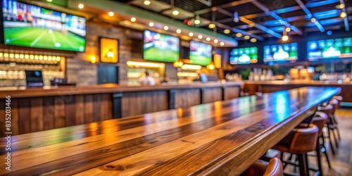 Empty wooden counter in sports bar with blurred TV displays of sporting events in the background , sports, bar, pub, wooden counter, TV displays, blurred, sporting events, entertainment