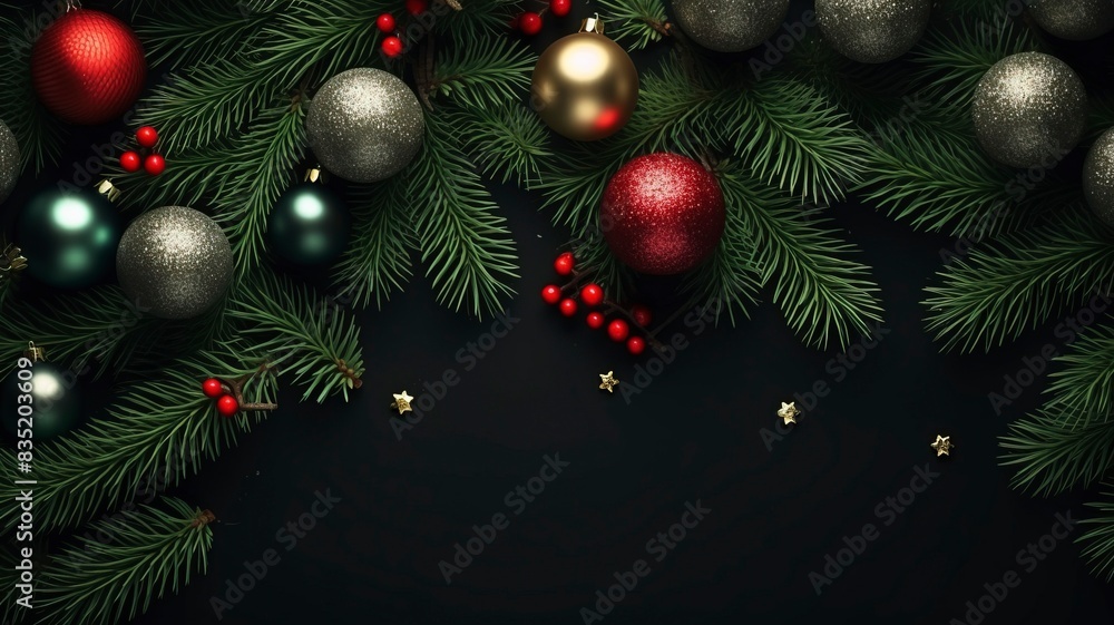 christmas balls and fir branches flat lay top view, generative ai christmas balls and fir branches flat lay top view, generative ai