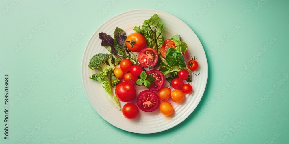 Plate of Tomatoes, Broccoli, and Lettuce on a Green Background Plate of Tomatoes, Broccoli, and Lettuce on a Green Background