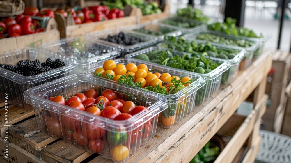 Freshly harvested produce in plastic containers, displayed on a wooden market stall with natural lighting Freshly harvested produce in plastic containers, displayed on a wooden market stall with natural lighting