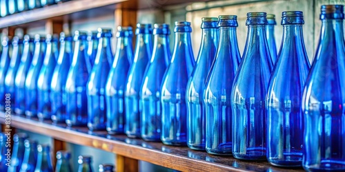 Row of empty blue glass bottles on a shelf   blue  glass  bottles  empty  row  arrangement  decoration collection  storage  vivid  beautiful  shiny  clean  display  interior  arrangement