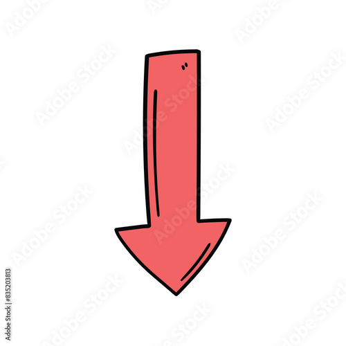 Hand drawn doodle arrow down red on white background.