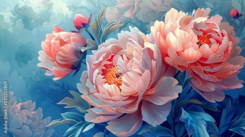 Fototapeta Naklejka Na Ścianę i Meble -  Pink large flowers peonies on a blue background 