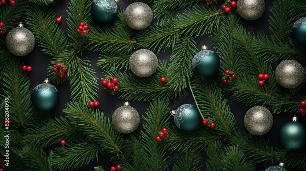 christmas balls and fir branches flat lay top view, generative ai christmas balls and fir branches flat lay top view, generative ai