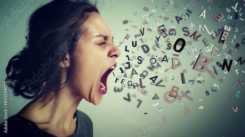 Woman yelling with flying letters, symbolizing communication, expression, and emotion. Vibrant creative concept in a modern style.