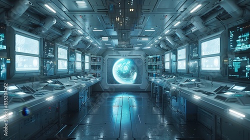 Fototapeta Naklejka Na Ścianę i Meble -  a futuristic space station with a large screen and lots of computers