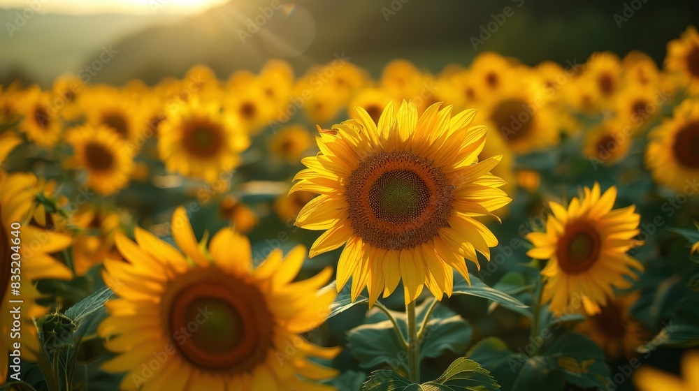 Fototapeta premium a field of sunflowers with the sun shining in the background
