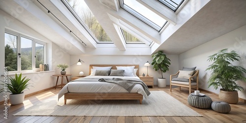Scandinavian bedroom with white bed and skylights, Scandinavian, interior design, bedroom, white bed, skylights, bright, cozy, minimalist, Nordic, clean, modern, peaceful, serene, simplicity