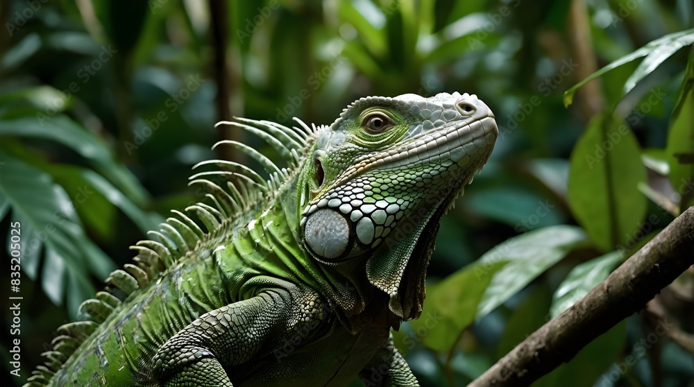 A green iguana basking on a lush leafy branch in the rainforest A green iguana basking on a lush leafy branch in the rainforest