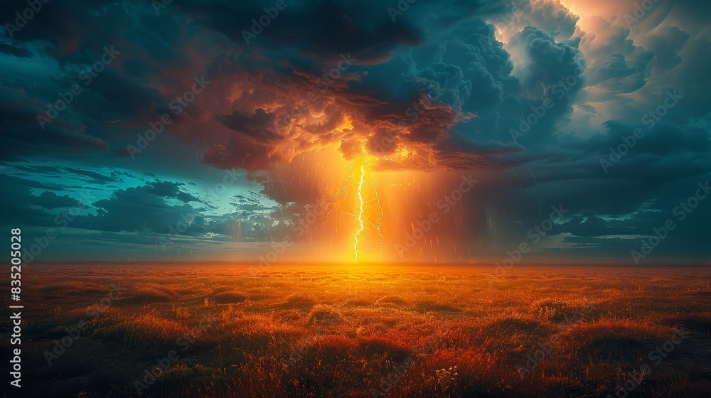 Fototapeta premium a lightning bolt in a field of grass with a cloudy sky