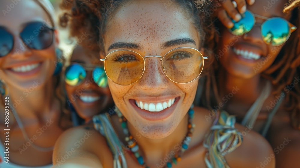 a group of women wearing sunglasses and smiling for a picture a group of women wearing sunglasses and smiling for a picture