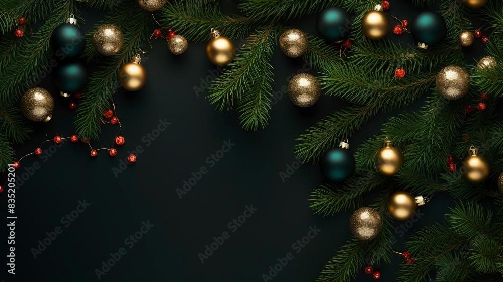 christmas balls and fir branches flat lay top view, generative ai