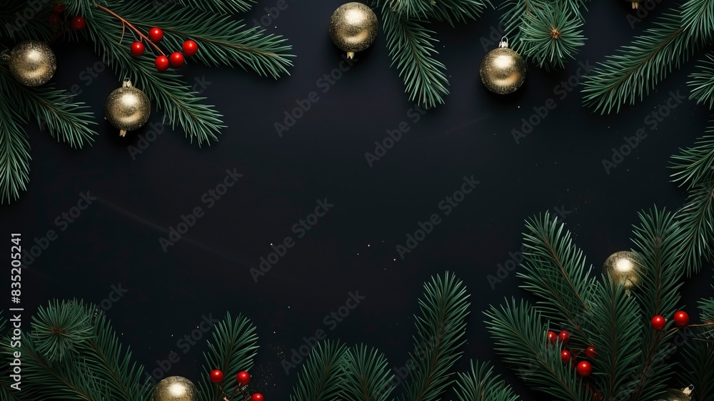 christmas balls and fir branches flat lay top view, generative ai christmas balls and fir branches flat lay top view, generative ai