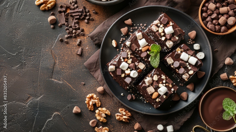Chocolate cake Rocky road with marshmallow and nuts close-up on a plate on the table. horizontal view from above. copy space Chocolate cake Rocky road with marshmallow and nuts close-up on a plate on the table. horizontal view from above. copy space