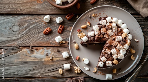 Chocolate cake Rocky road with marshmallow and nuts close-up on a plate on the table. horizontal view from above. copy space