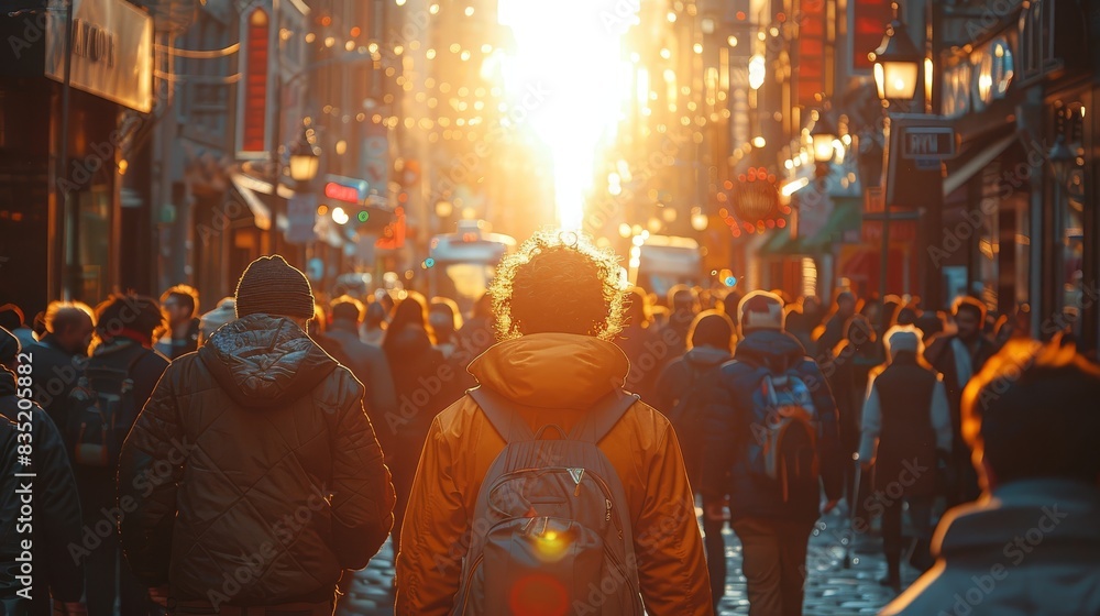 Fototapeta premium a crowd of people walking down a city street at sunset