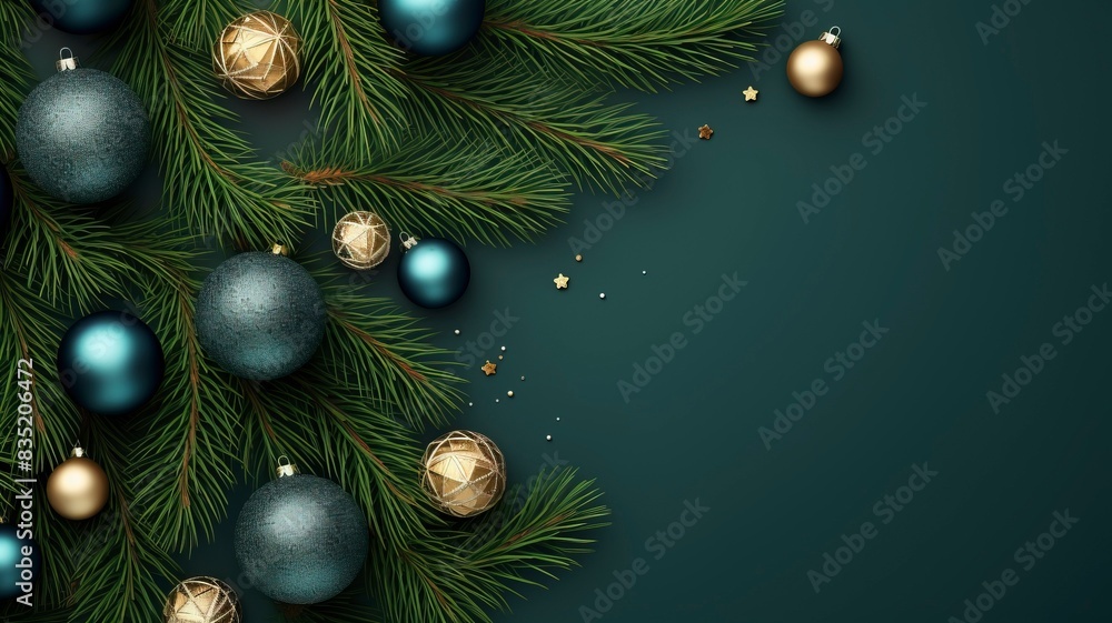 christmas balls and fir branches flat lay top view, generative ai christmas balls and fir branches flat lay top view, generative ai