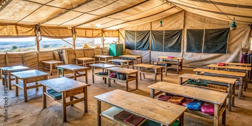Image of a makeshift classroom in a refugee camp with empty desks, a chalkboard, and educational supplies, refugee camp, humanitarian worker, education, children, crisis, classroom photo