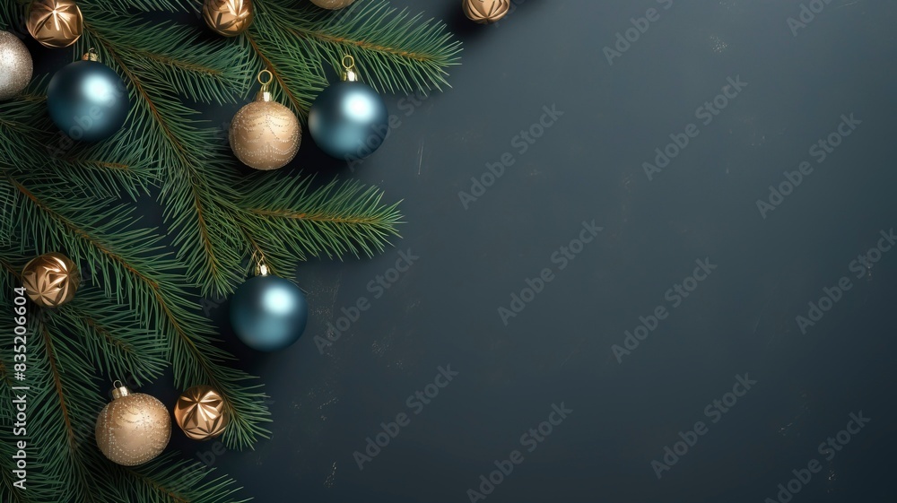 christmas balls and fir branches flat lay top view, generative ai christmas balls and fir branches flat lay top view, generative ai