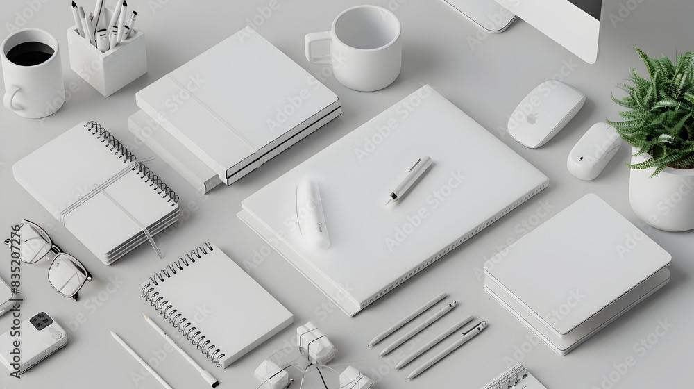 Elegant Workstation with Assorted Office Supplies on Gray Backdrop Elegant Workstation with Assorted Office Supplies on Gray Backdrop