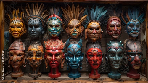 a display case with many different colored masks © LUPACO IMAGES