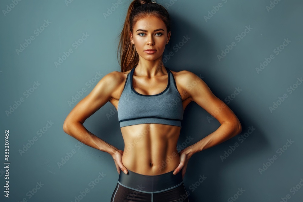 Obraz premium Fitness woman showing abs and flat belly, isolated on gray background. Beautiful athletic girl, shaped abdominal