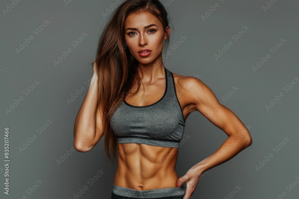 Fitness woman showing abs and flat belly, isolated on gray background. Beautiful athletic girl, shaped abdominal Fitness woman showing abs and flat belly, isolated on gray background. Beautiful athletic girl, shaped abdominal