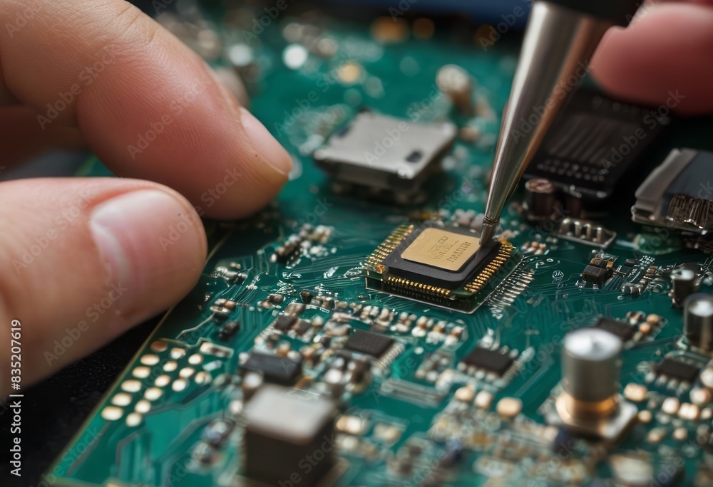 Close-up of technician soldering components on a circuit board. Precision and technology in focus. Close-up of technician soldering components on a circuit board. Precision and technology in focus.