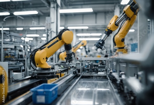 Robotic arms operating in a modern factory. Automation and industrial revolution concept.