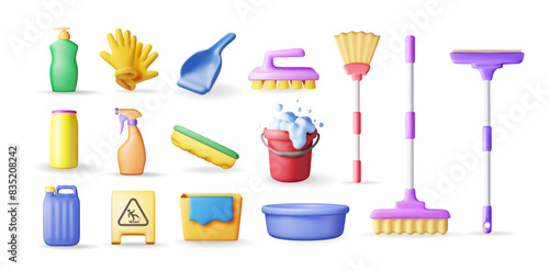 3D set of home cleaning tools isolated. Render collection of accessories for washing dishes and house cleaning. Bottle of detergent, sponge, soap gloves. Bucket, mop broom dustpan. Vector illustration