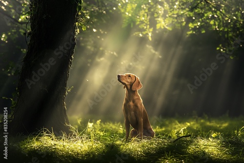 A photo of a beautiful Hungarian Vizla dog standing in a meadow, facing the camera, standing off-centre, bathed in dappled sunlight. The serene setting highlights the dog's calm and content expression
