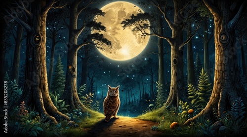 In the enchanted forest sits an owl, the forest is very mysterious sometimes magical photo