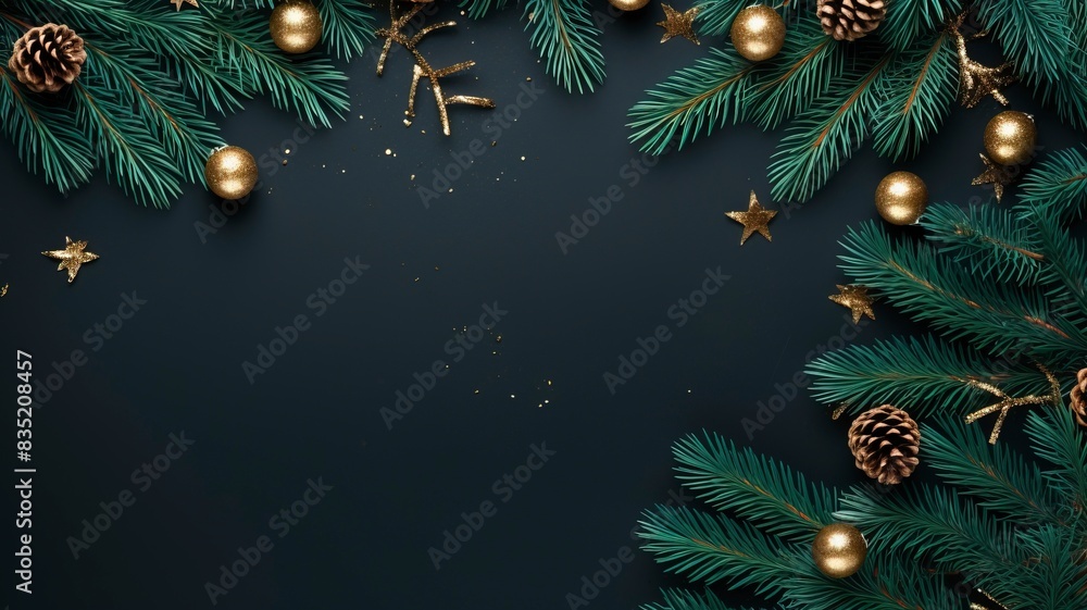 christmas balls and fir branches flat lay top view, generative ai christmas balls and fir branches flat lay top view, generative ai