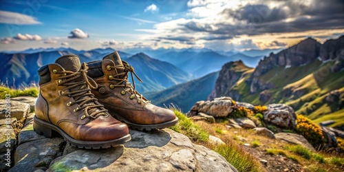 Traveler's hiking boots resting on mountain edge , adventure, travel, hiking, hiking boots, mountain, edge, nature, outdoor, exploration, journey, exploration, footwear, rocky, trekking photo