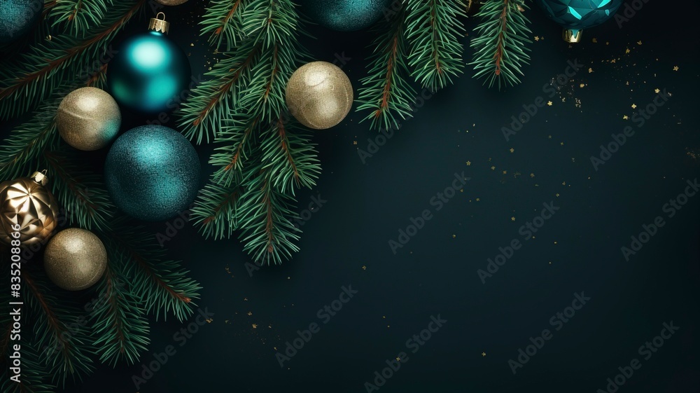 christmas balls and fir branches flat lay top view, generative ai christmas balls and fir branches flat lay top view, generative ai