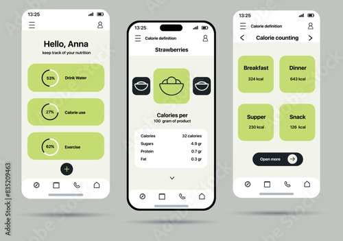 Calorie counter app concept in flat design. Template of a convenient app for counting calories, displayed on three screens, made in a modern and minimalist style. Vector Illustration.