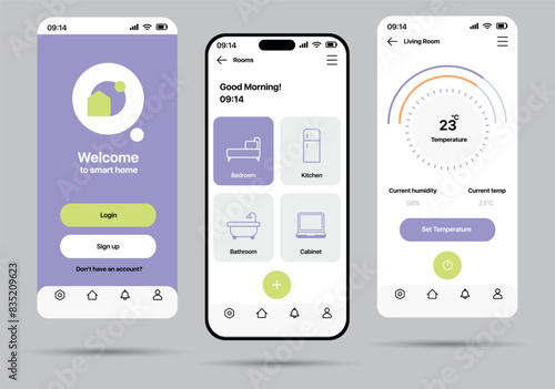 Smart home app concept in flat design. A set of screens with an image of a smart home control application, made in a minimalistic and modern style and bright colors. Vector Illustration.