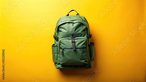 Studio shot of a green backpack isolated over yellow background, student, African, female, braids, eyeglasses, backpack, isolated, yellow, studio, clueless, confused, doubts photo