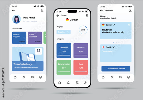 Education language app concept in flat design. A template program for learning different languages, in which you can monitor progress, perform various tasks and etc. Vector Illustration.