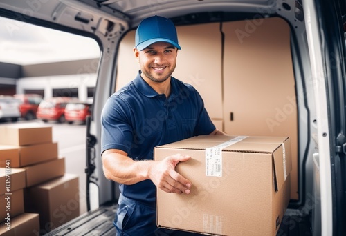 Smiling delivery man unloading boxes from a delivery van. Represents friendly service and the distribution industry. © natakot