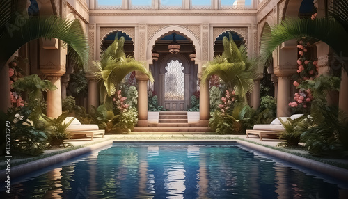A beautiful  ornate pool area with a large fountain and a couch