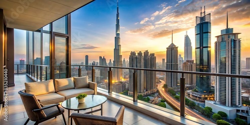 Luxurious view of Burj Khalifa from a high-end apartment balcony overlooking the city skyline , luxury, apartment, Burj Khalifa, view, skyline, city, modern, architecture, high-rise, building photo