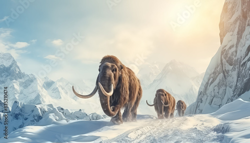 Three elephants are standing in a snowy field photo