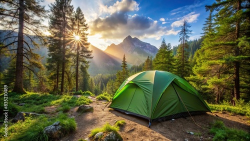 Green camping tent set up in a lush mountain forest , camping, tent, green, forest, outdoor, adventure, nature, wilderness, campsite, hike, travel, summer, backpacking, explore, scenic