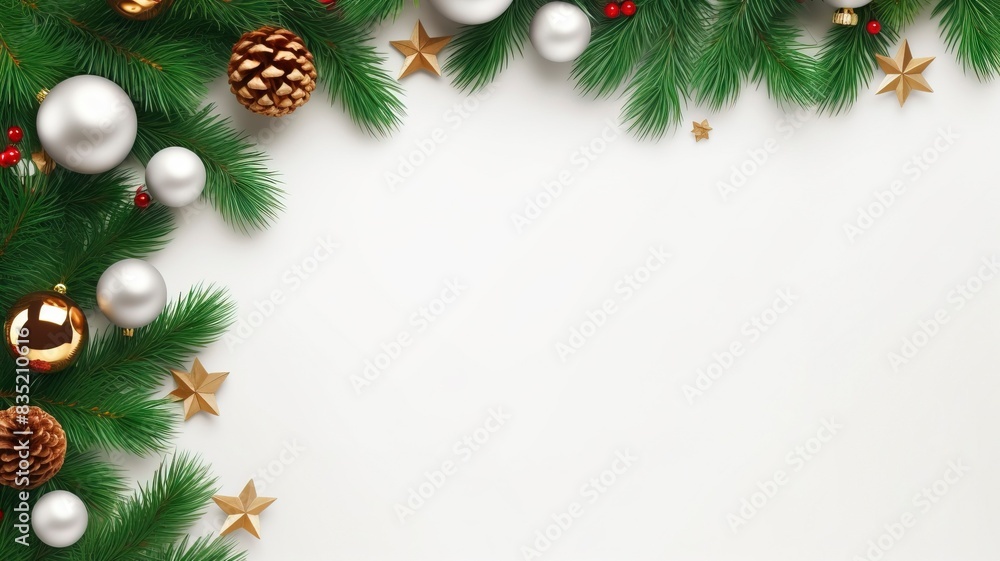 christmas balls and fir branches flat lay top view, generative ai christmas balls and fir branches flat lay top view, generative ai