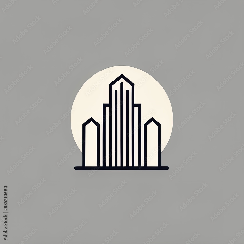 Obraz premium Minimalist logo of a tall building. building architecture outline. icon apartement. arc. design. desain. symbol. Repeating lines. Simple shape. black and white